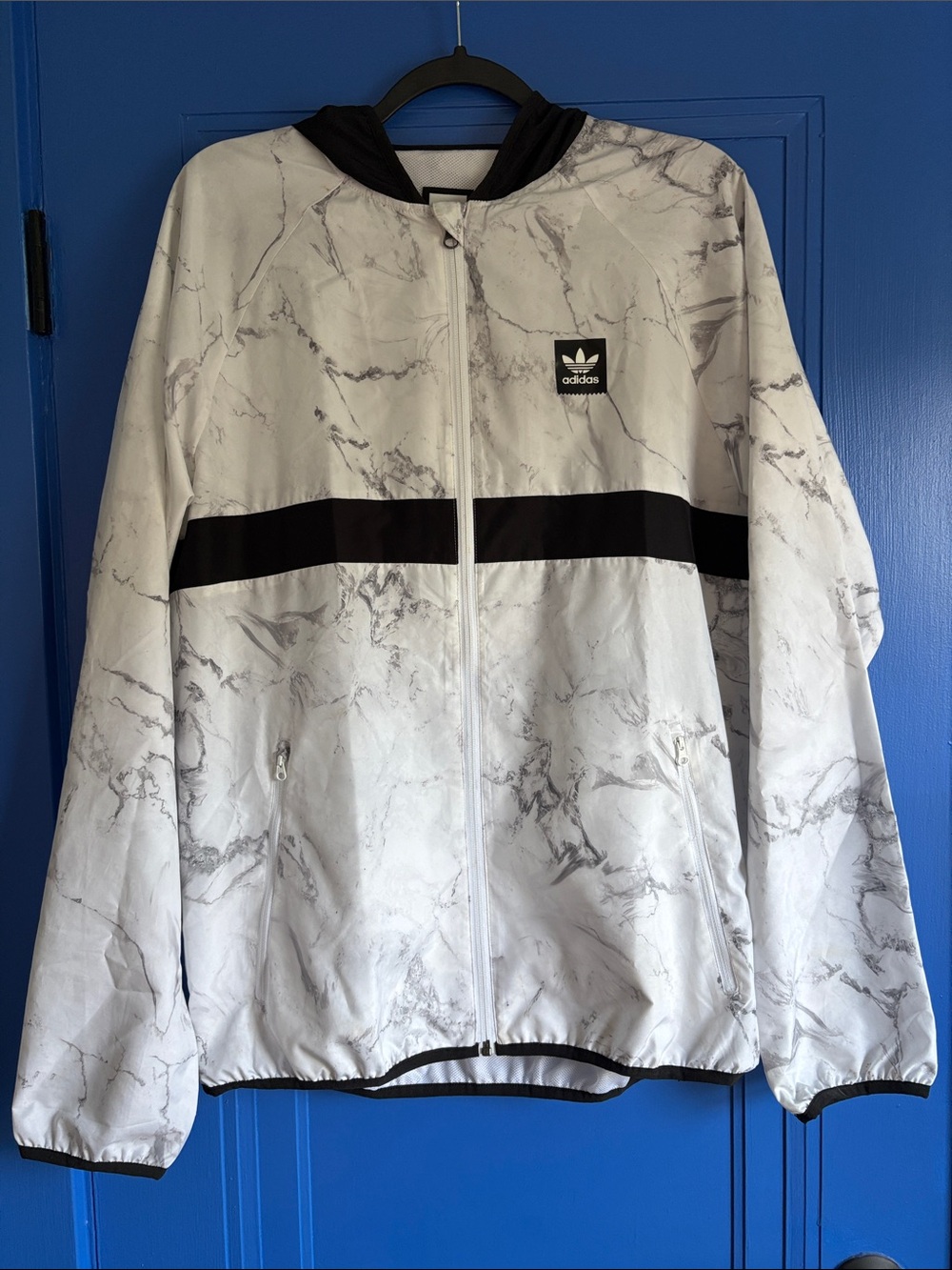 adidas White Marble Print Hooded Windbreaker with Black Stripe